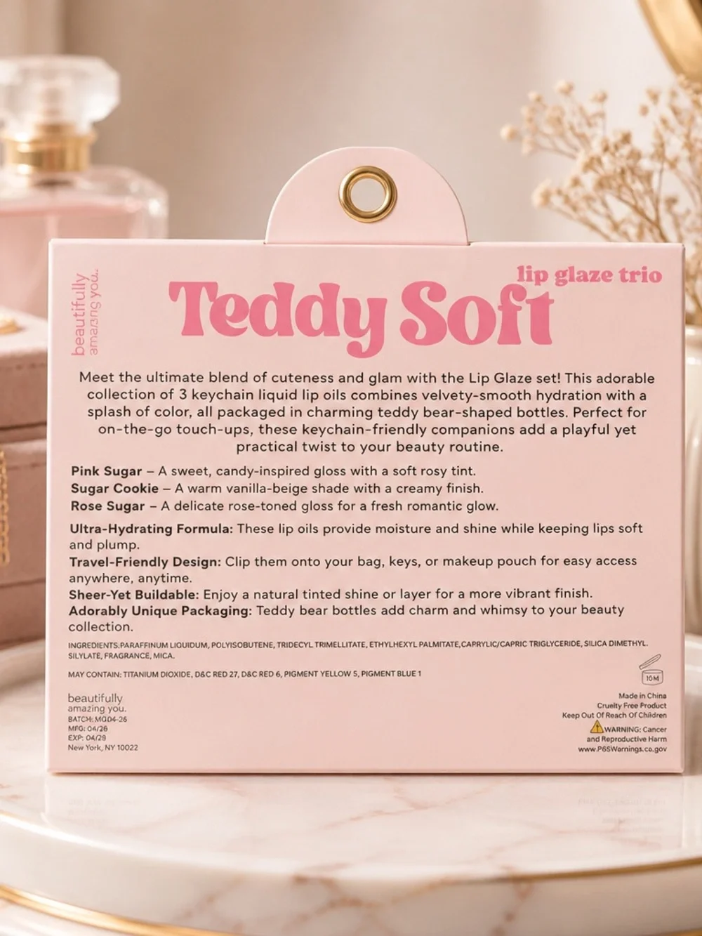 Teddy Soft Bear Lip Glaze Trio Keychain Gift Set NIB